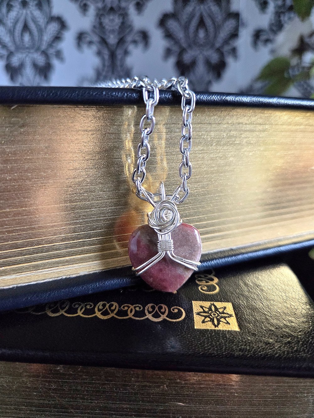 Image of Heart-Shaped Rhodonite Wire-Wrapped Pendant Necklace
