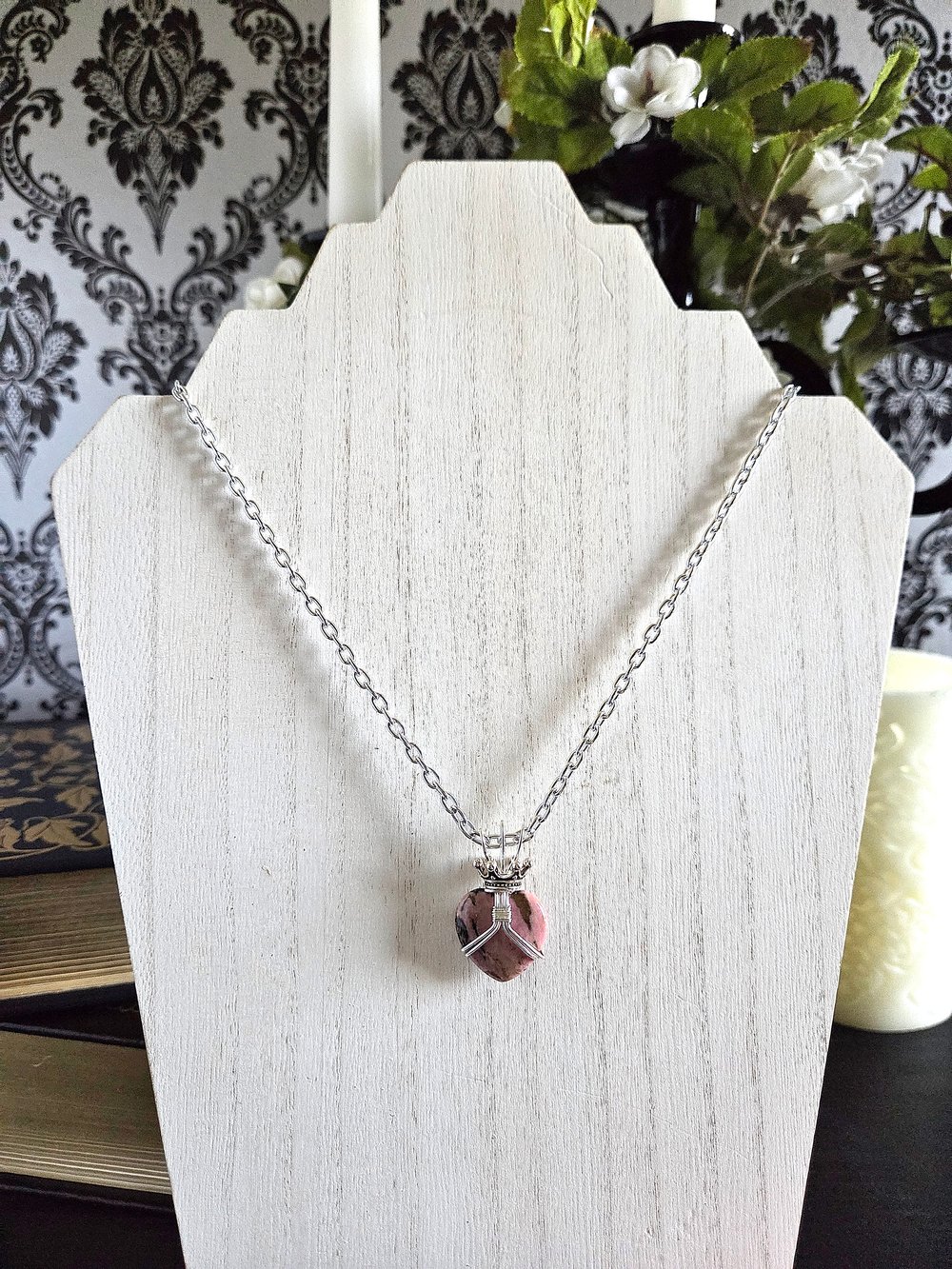 Image of Claddagh-Inspired Rhodonite Heart-Shaped Pendant Necklace