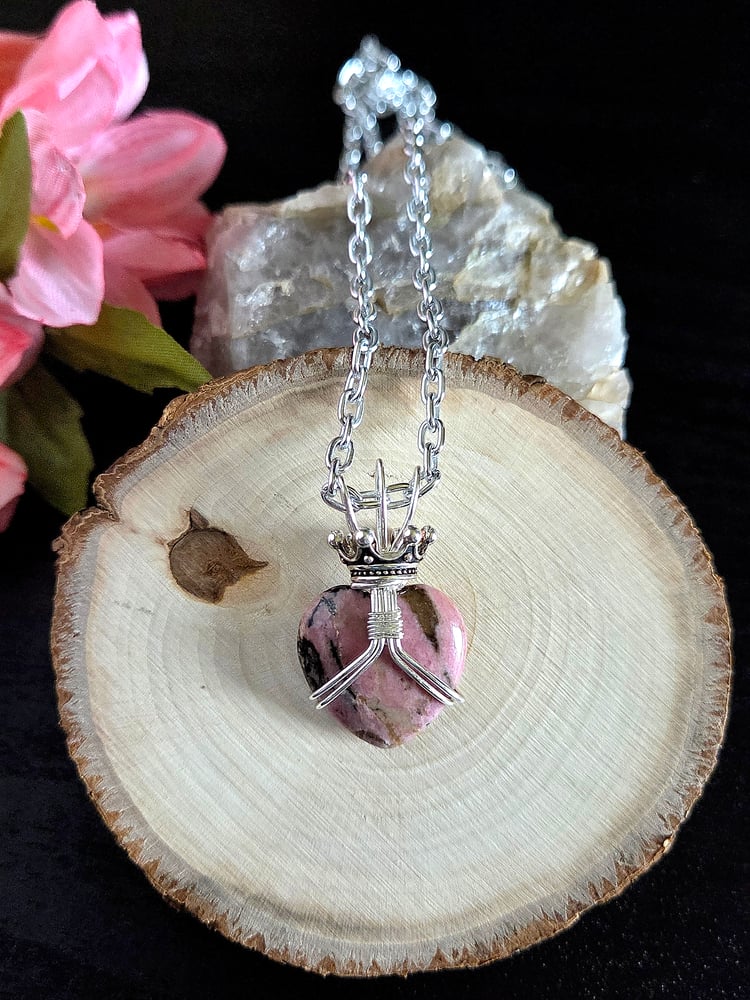 Image of Claddagh-Inspired Rhodonite Heart-Shaped Pendant Necklace
