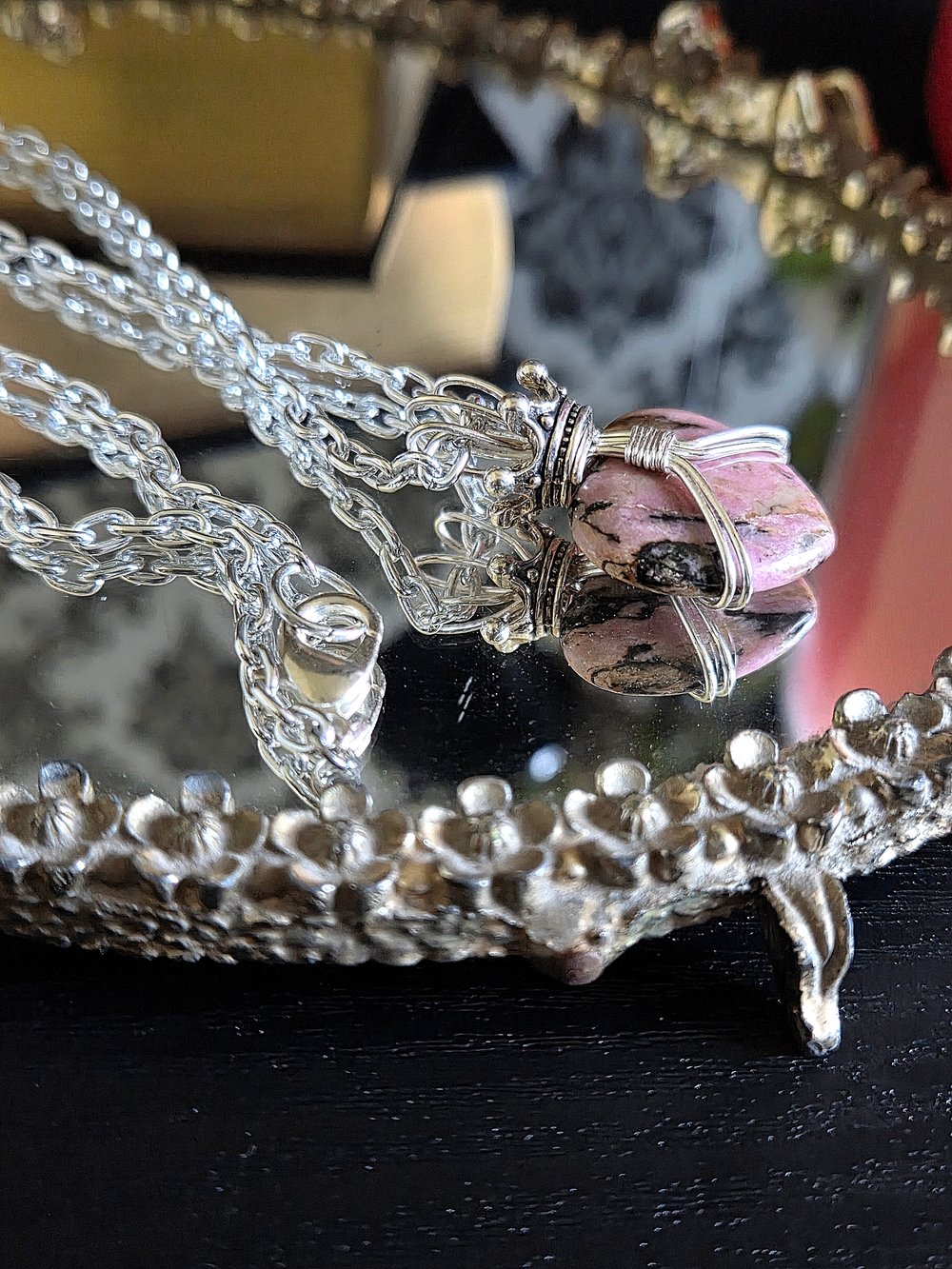 Image of Claddagh-Inspired Rhodonite Heart-Shaped Pendant Necklace