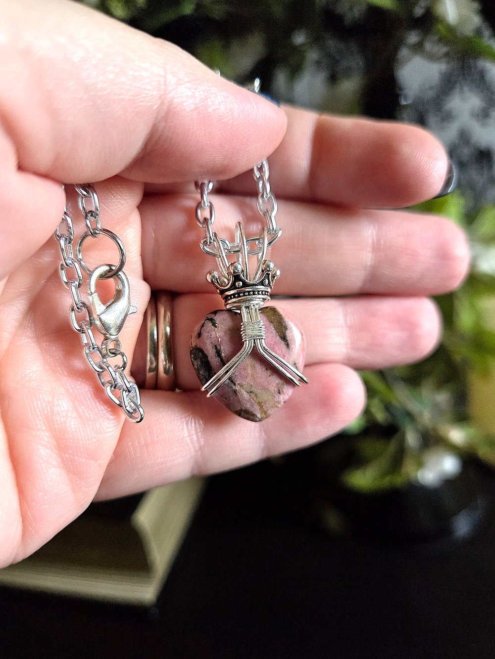 Image of Claddagh-Inspired Rhodonite Heart-Shaped Pendant Necklace