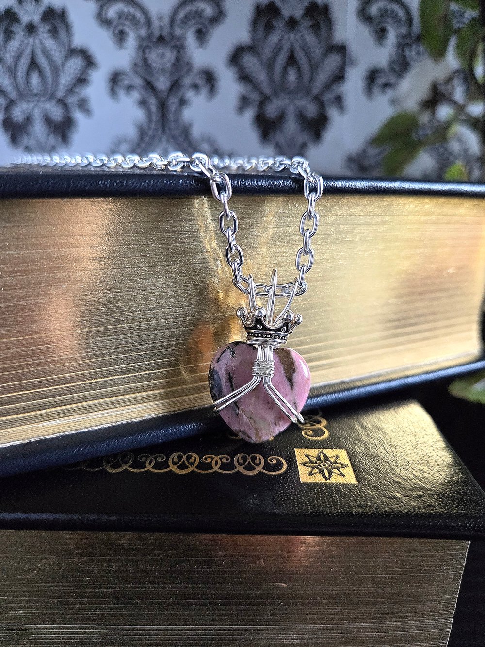 Image of Claddagh-Inspired Rhodonite Heart-Shaped Pendant Necklace