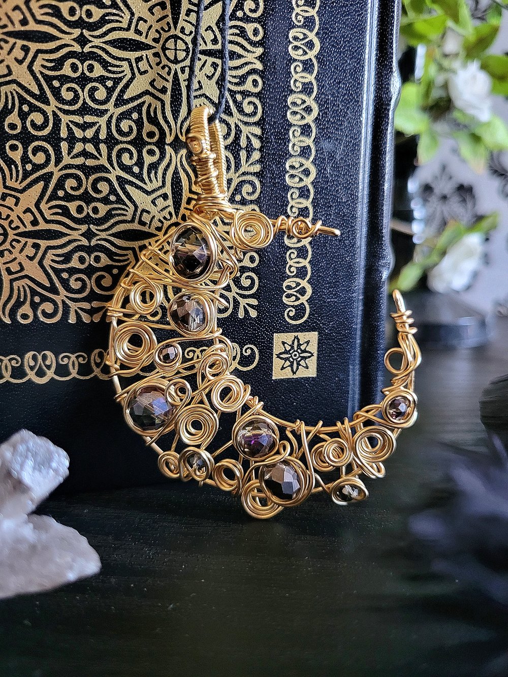 Image of Gold and Black Beaded Crescent Moon Pendant