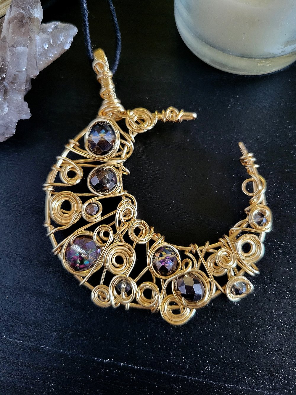 Image of Gold and Black Beaded Crescent Moon Pendant