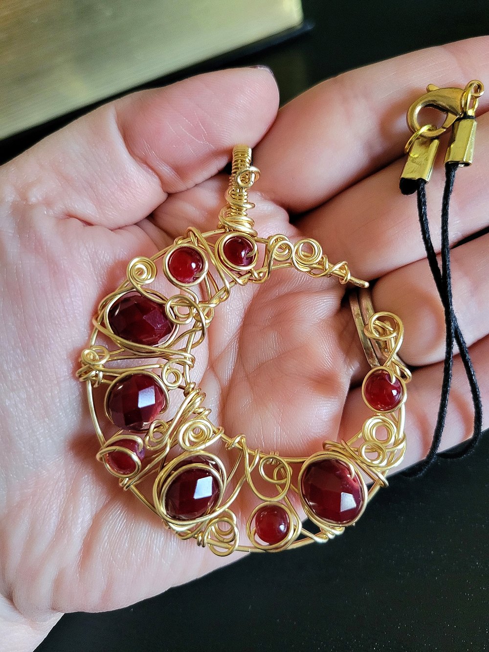 Image of Gold and Red Beaded Crescent Moon Pendant Necklace