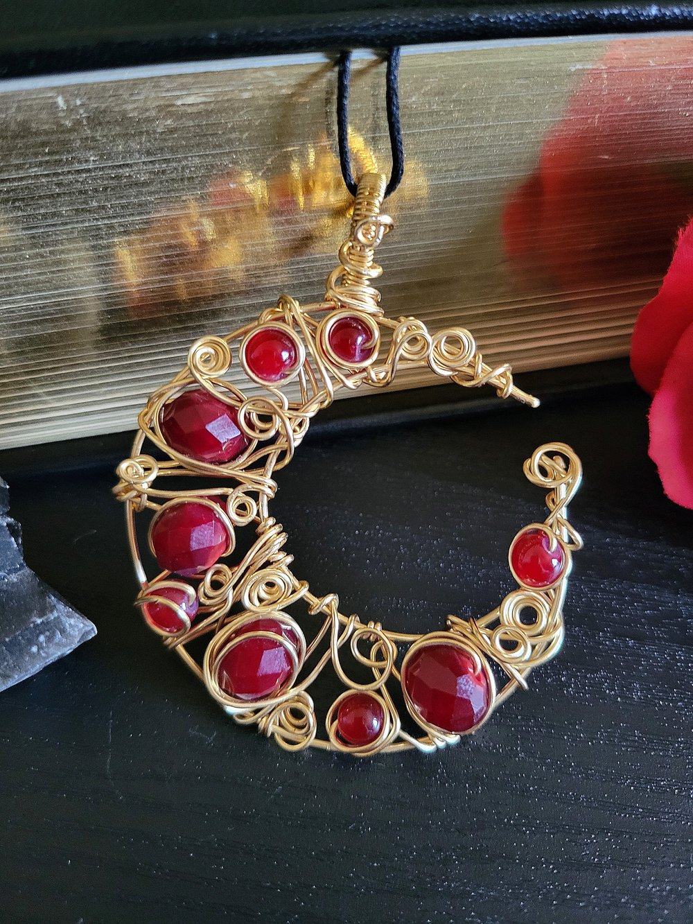 Image of Gold and Red Beaded Crescent Moon Pendant Necklace