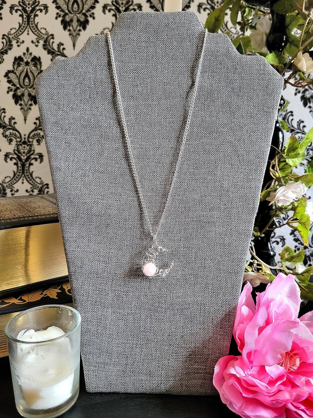Image of Rose Quartz Silver Crescent Moon Pendant Necklace