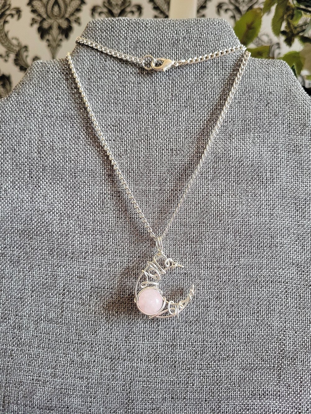 Image of Rose Quartz Silver Crescent Moon Pendant Necklace