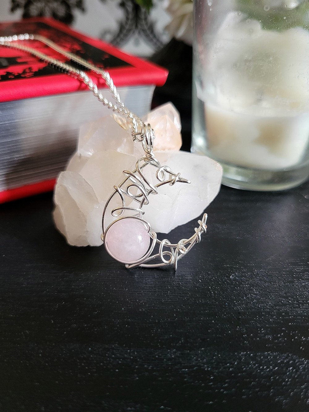 Image of Rose Quartz Silver Crescent Moon Pendant Necklace