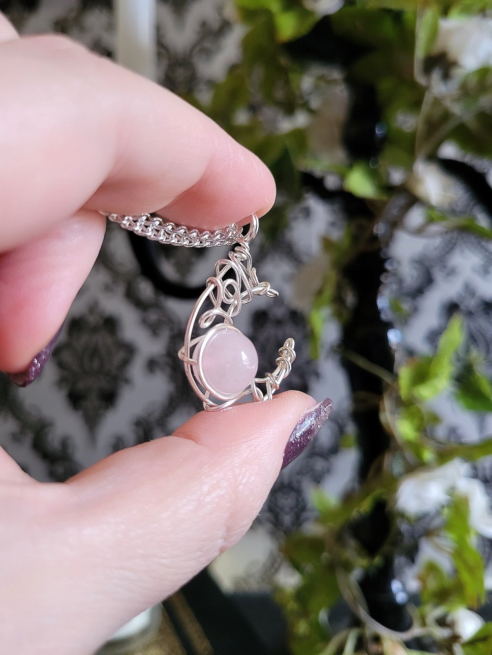 Image of Rose Quartz Silver Crescent Moon Pendant Necklace
