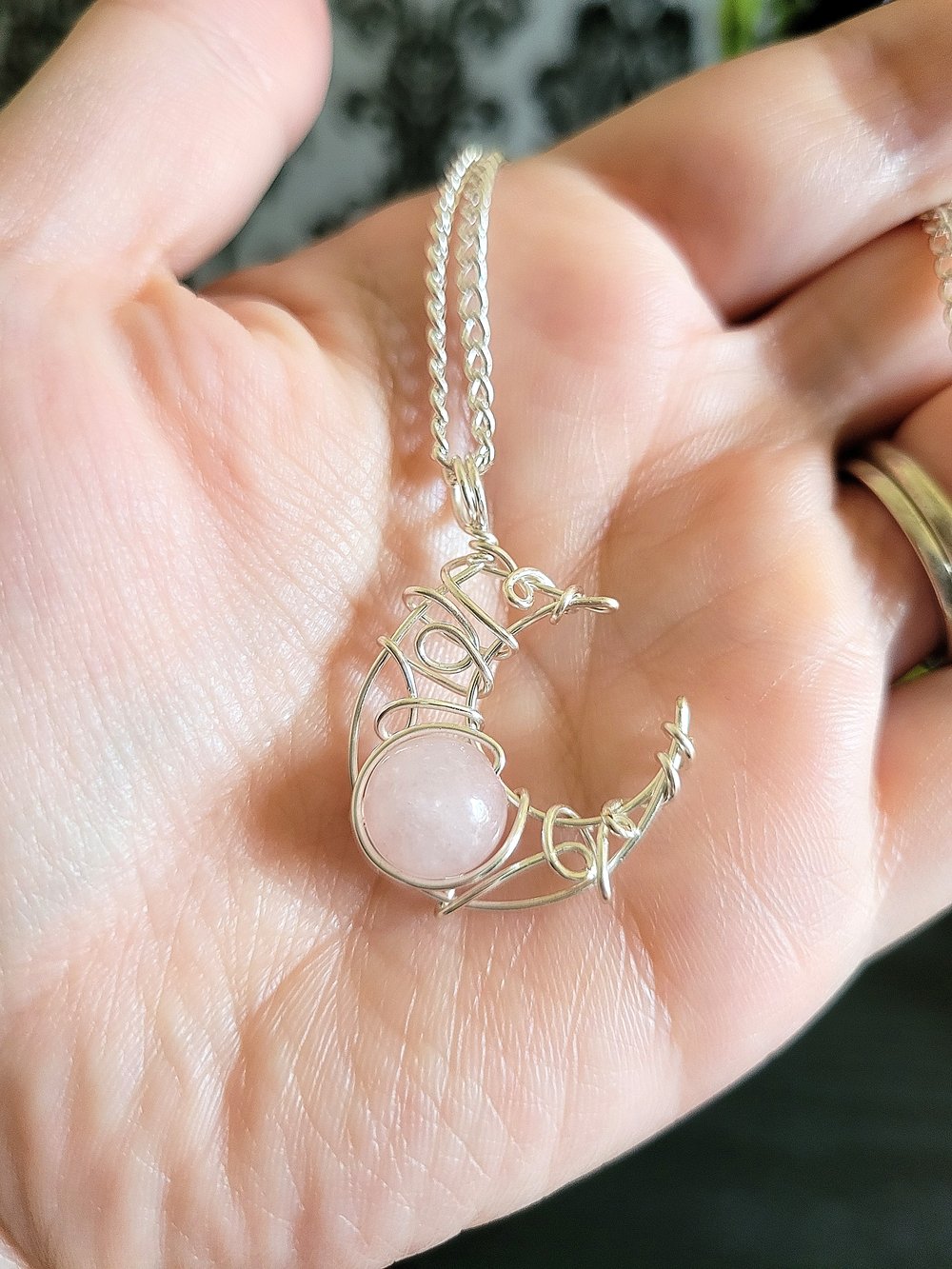 Image of Rose Quartz Silver Crescent Moon Pendant Necklace