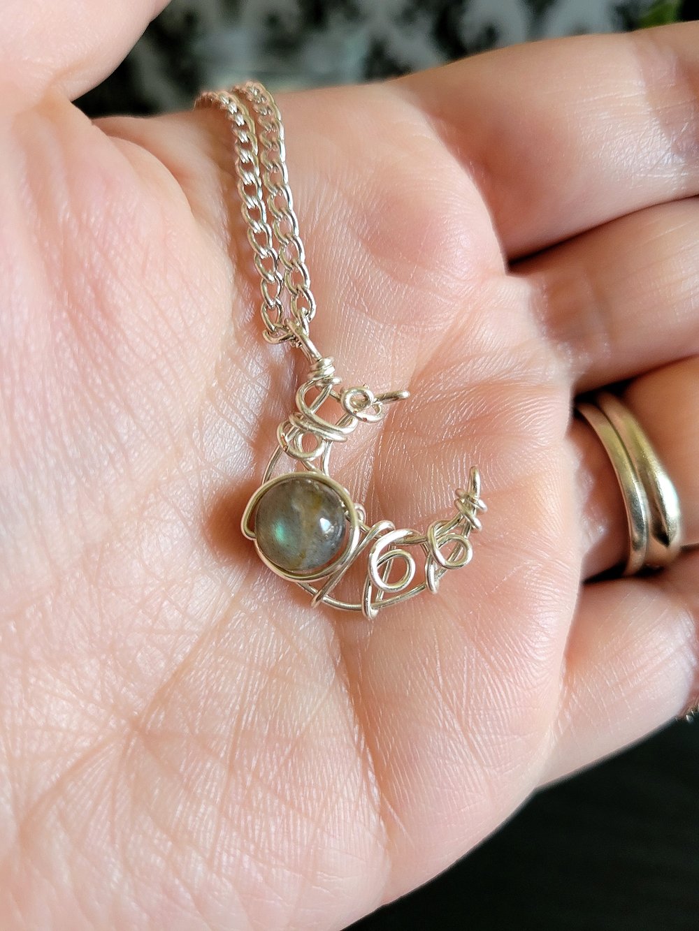 Image of Labradorite Silver Crescent Moon Pendant Necklace