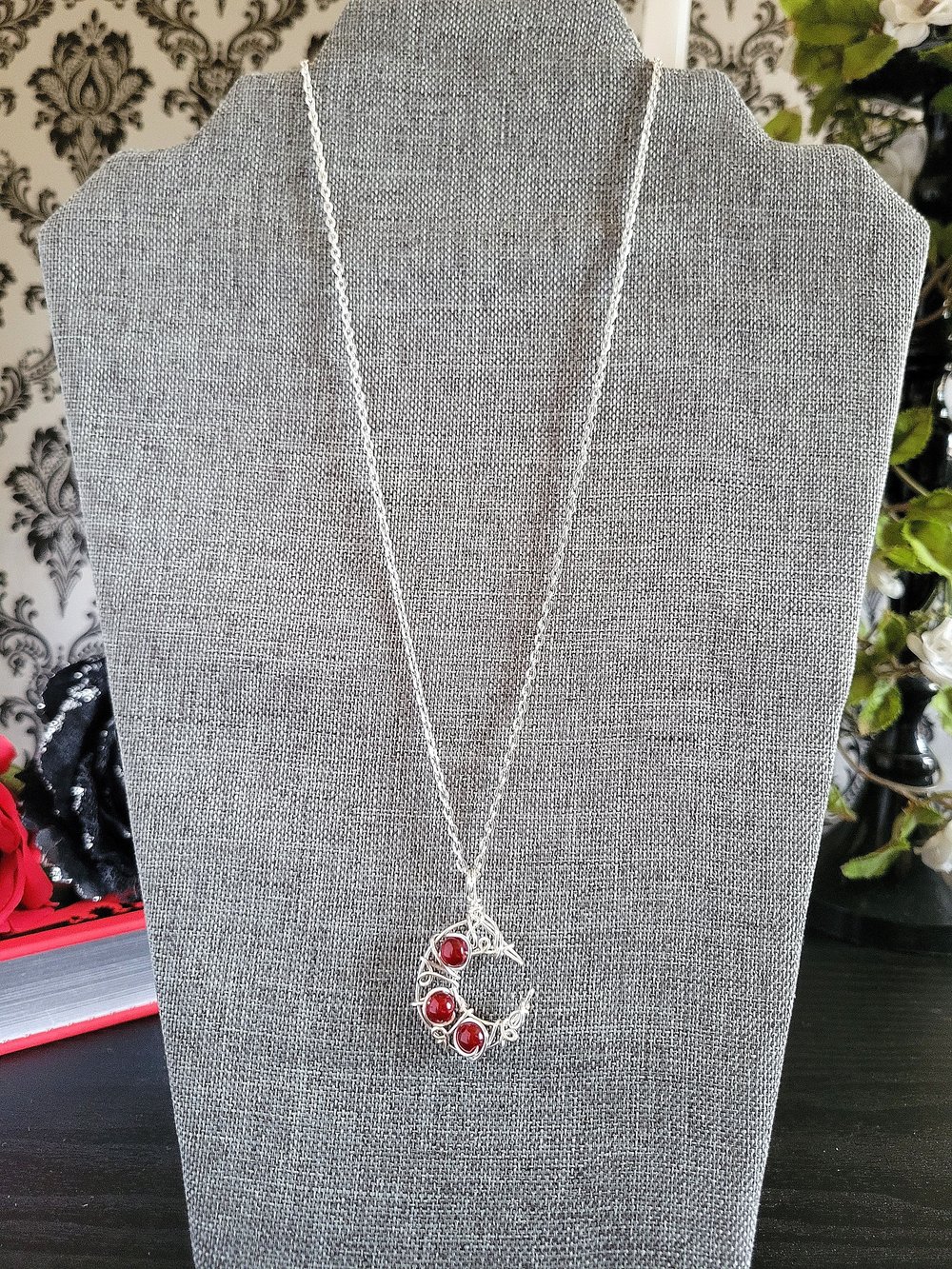 Image of Silver and Red Beaded Crescent Moon Necklace