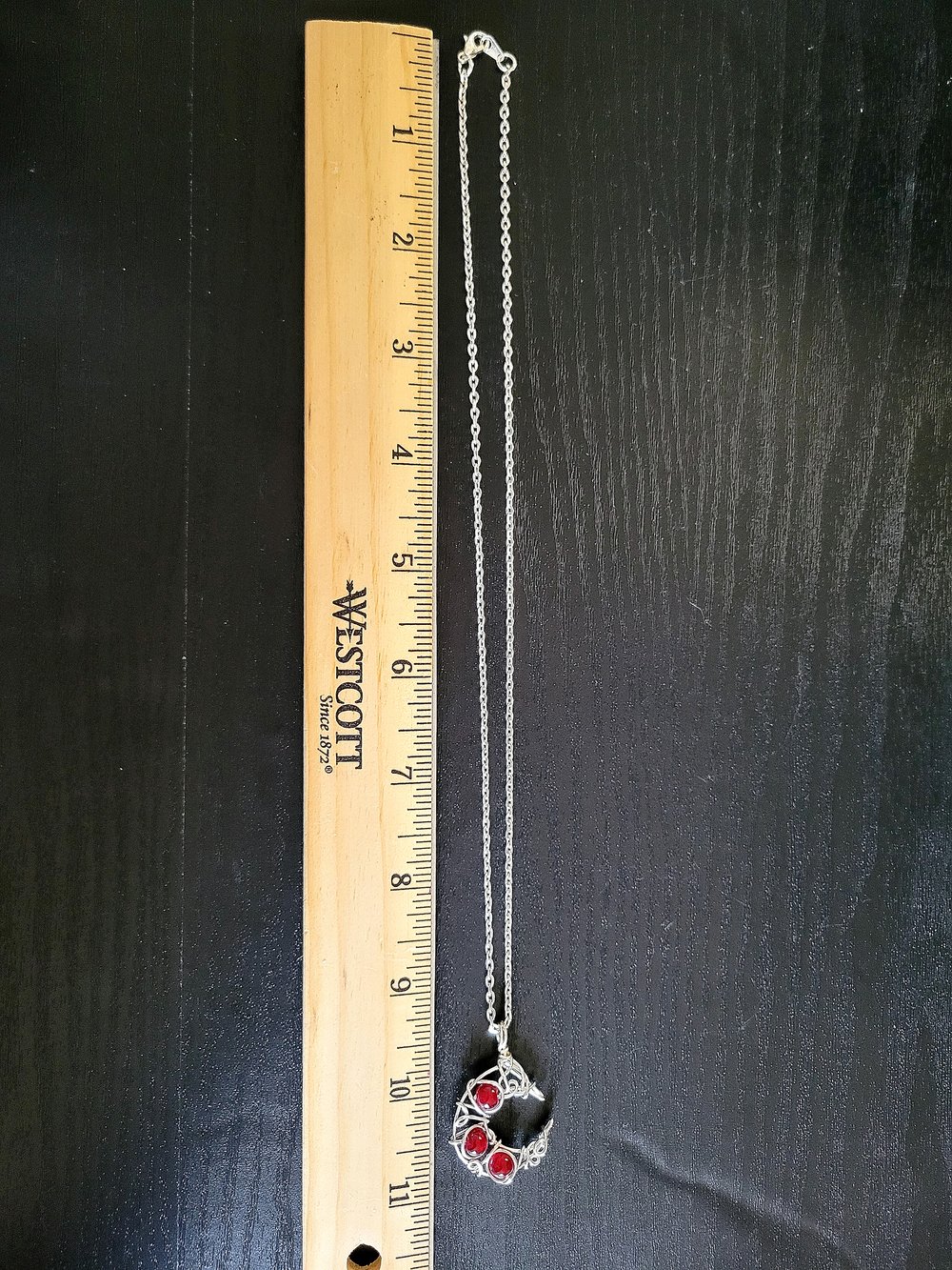 Image of Silver and Red Beaded Crescent Moon Necklace