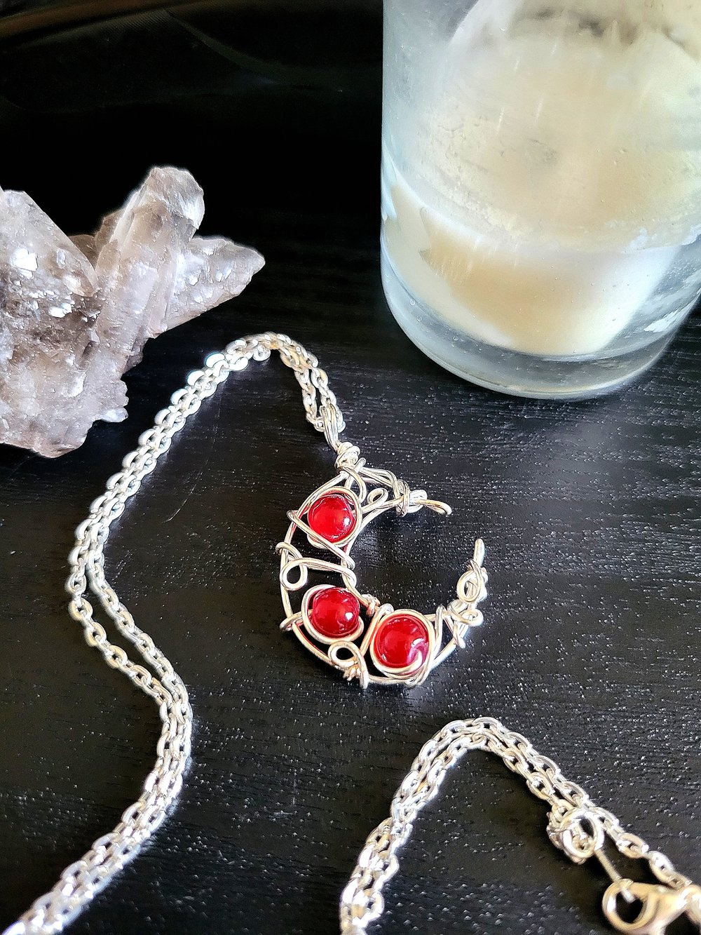 Image of Silver and Red Beaded Crescent Moon Necklace