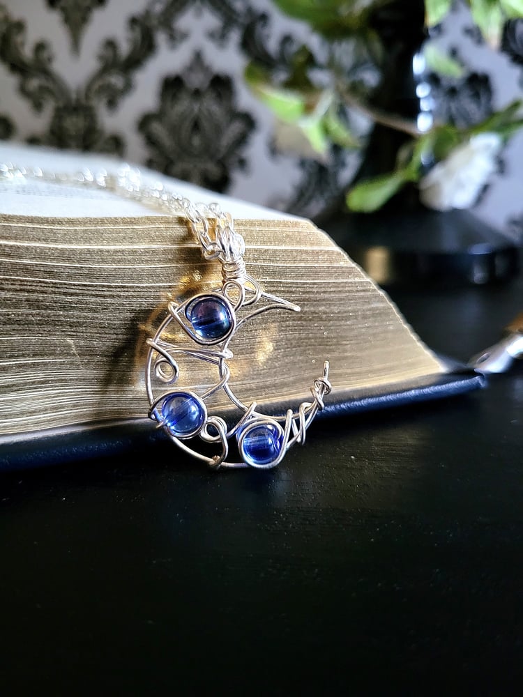 Image of Blue Beaded Silver Crescent Moon Necklace