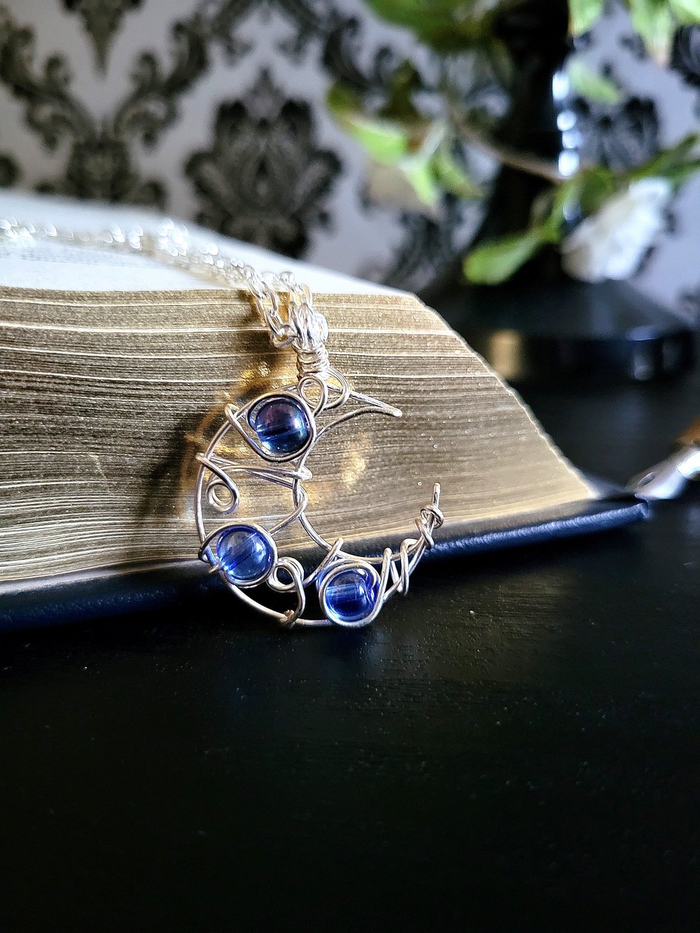 Image of Blue Beaded Silver Crescent Moon Necklace