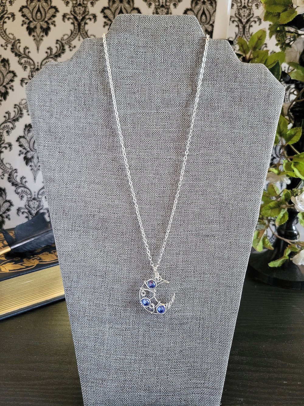 Image of Blue Beaded Silver Crescent Moon Necklace