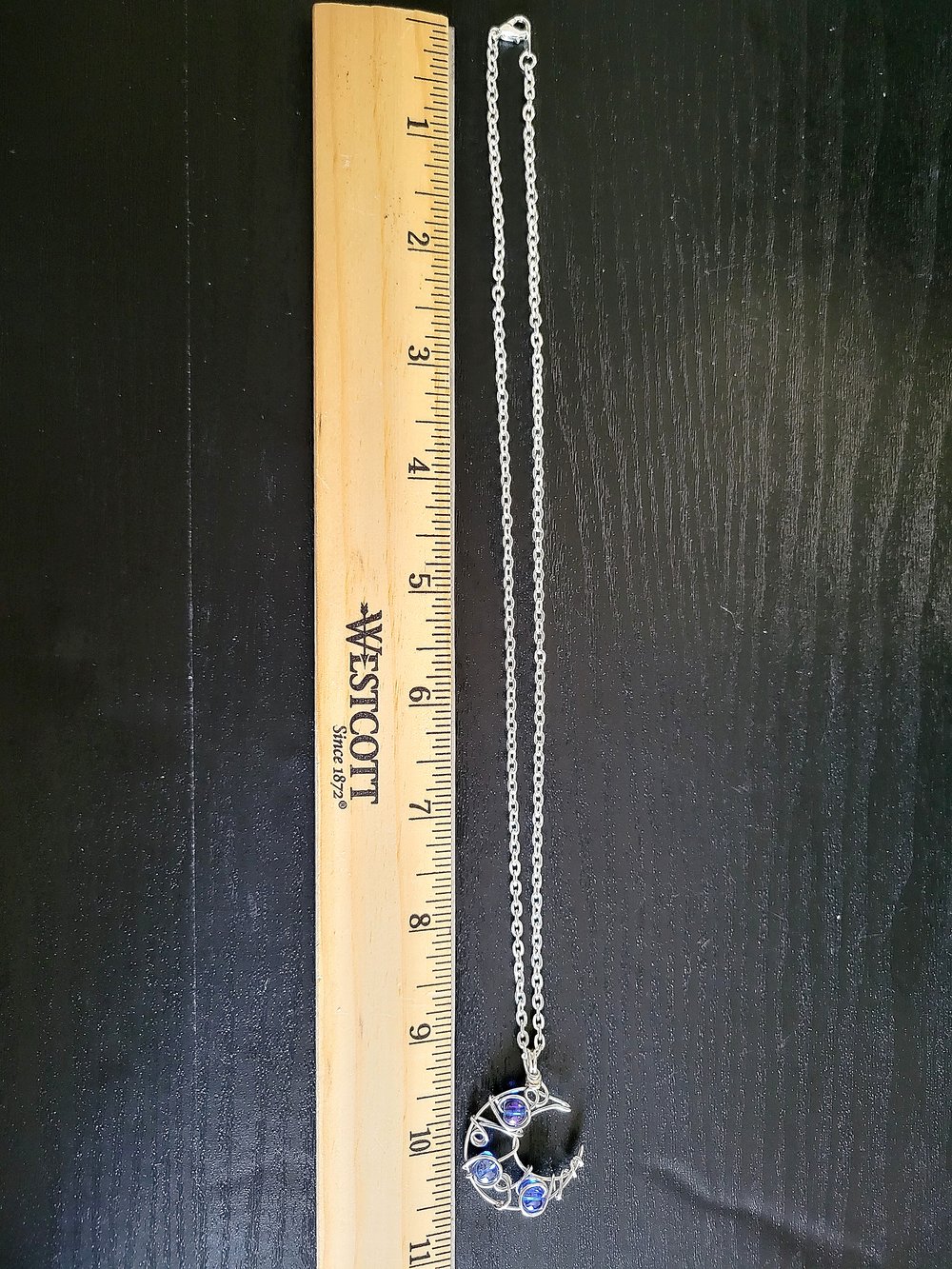 Image of Blue Beaded Silver Crescent Moon Necklace