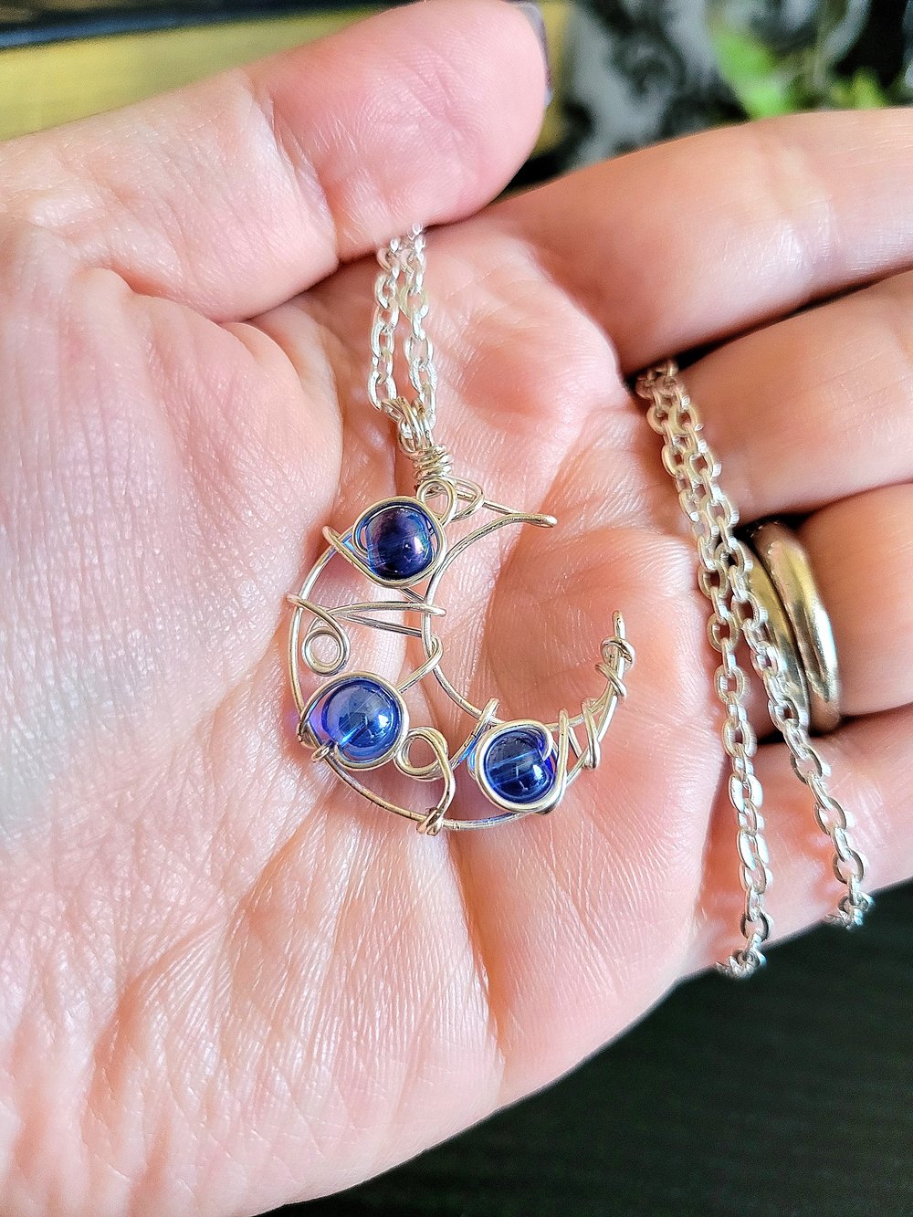 Image of Blue Beaded Silver Crescent Moon Necklace