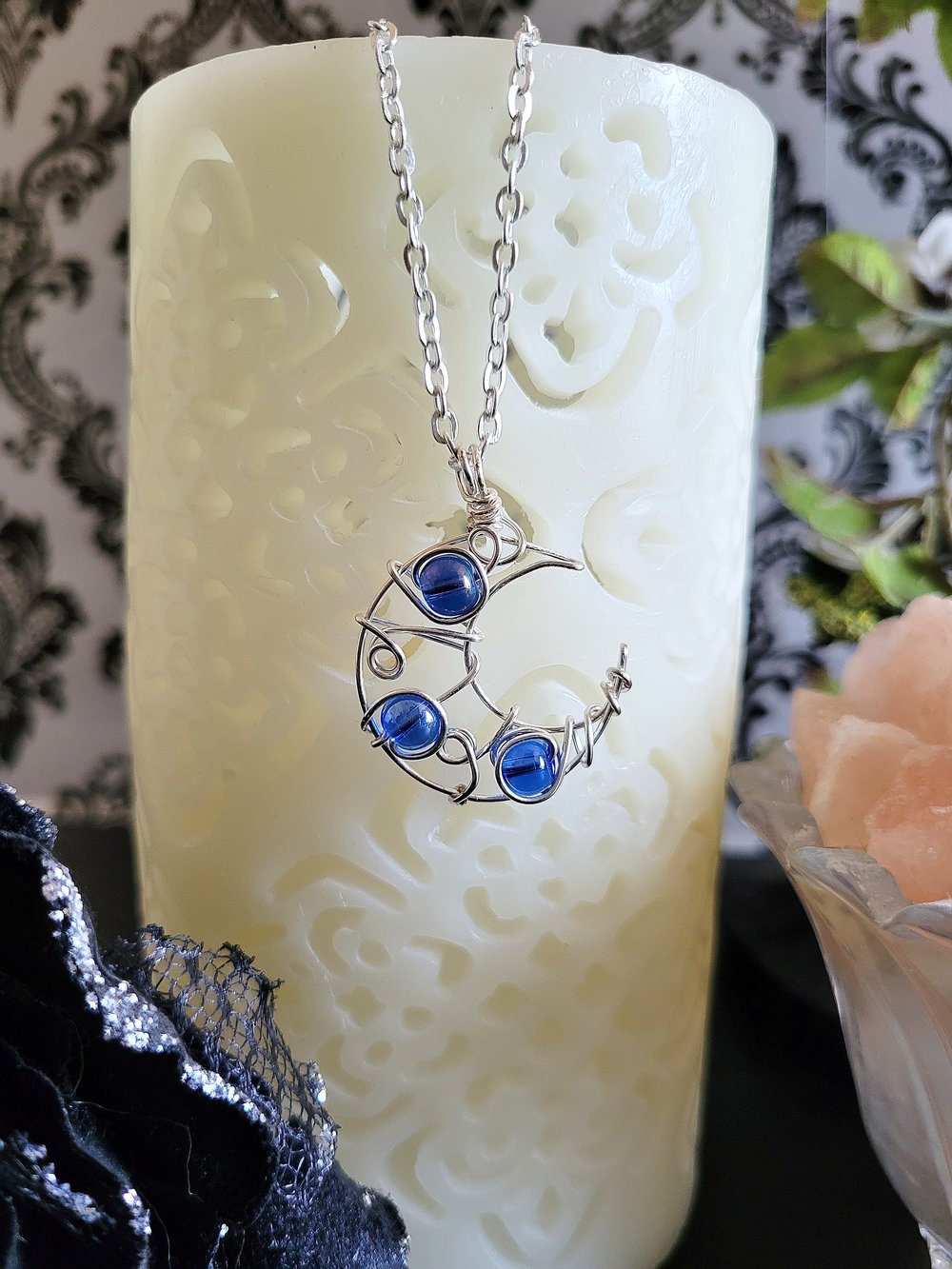 Image of Blue Beaded Silver Crescent Moon Necklace