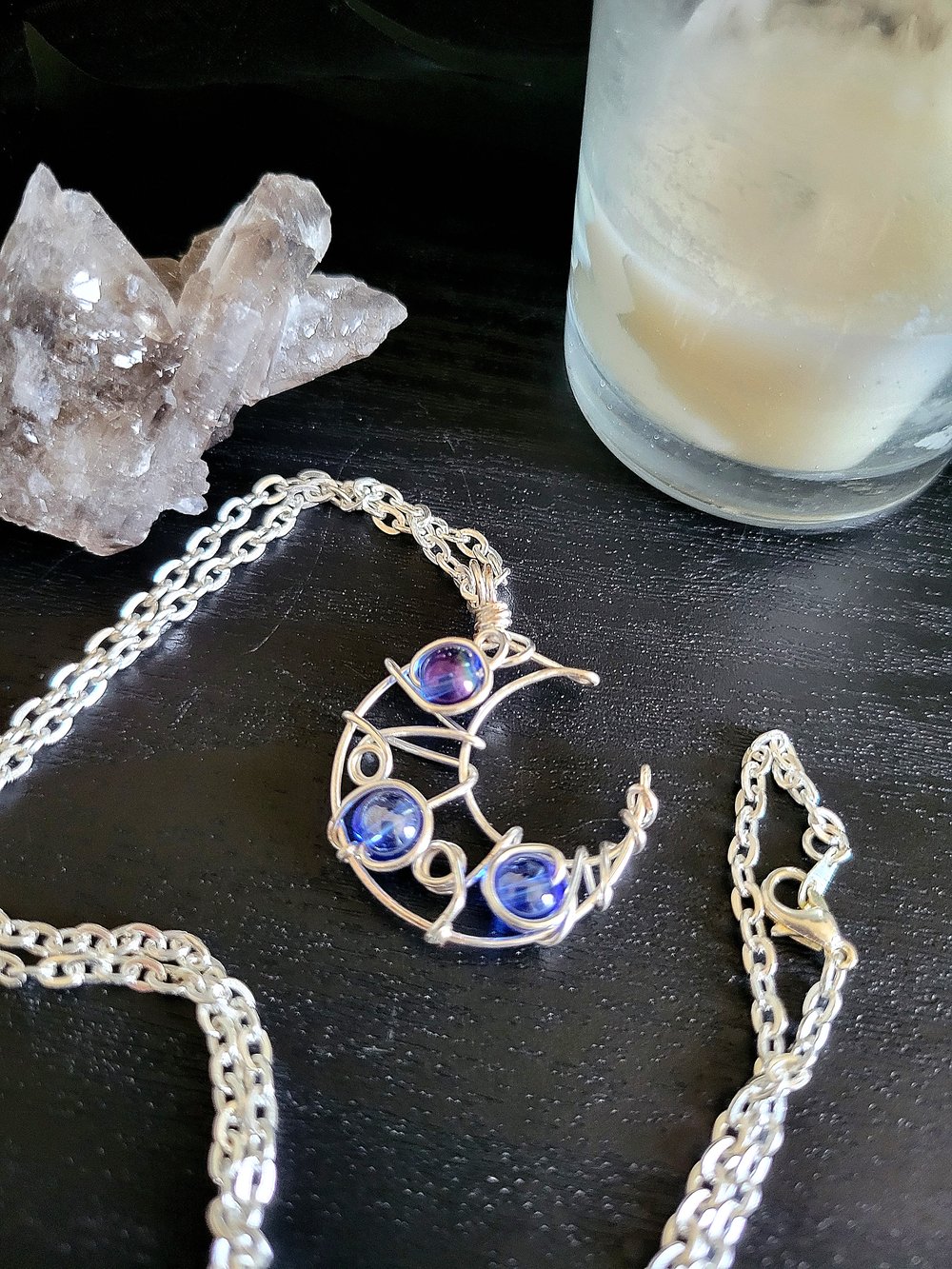 Image of Blue Beaded Silver Crescent Moon Necklace