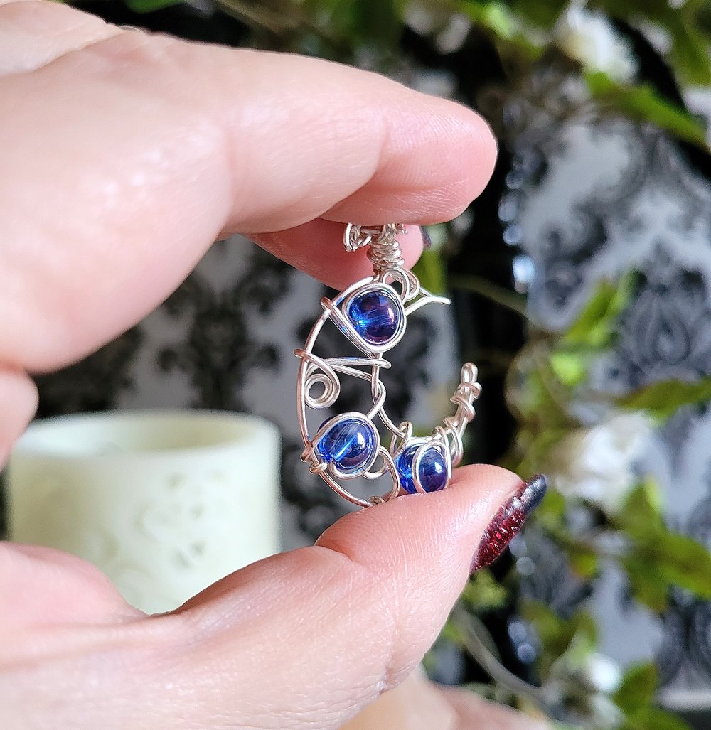 Image of Blue Beaded Silver Crescent Moon Necklace