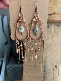 Image 2 of Green Garnett chandelier copper earrings with Prehnite stone