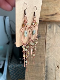 Image 3 of Green Garnett chandelier copper earrings with Prehnite stone