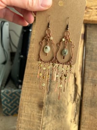 Image 4 of Green Garnett chandelier copper earrings with Prehnite stone