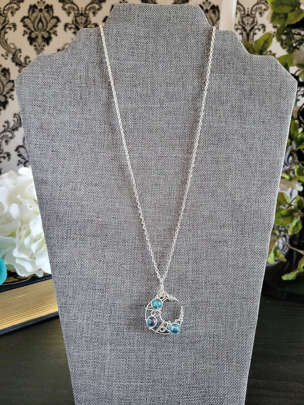 Image of Blue Beaded Crescent Moon Pendant with Chain