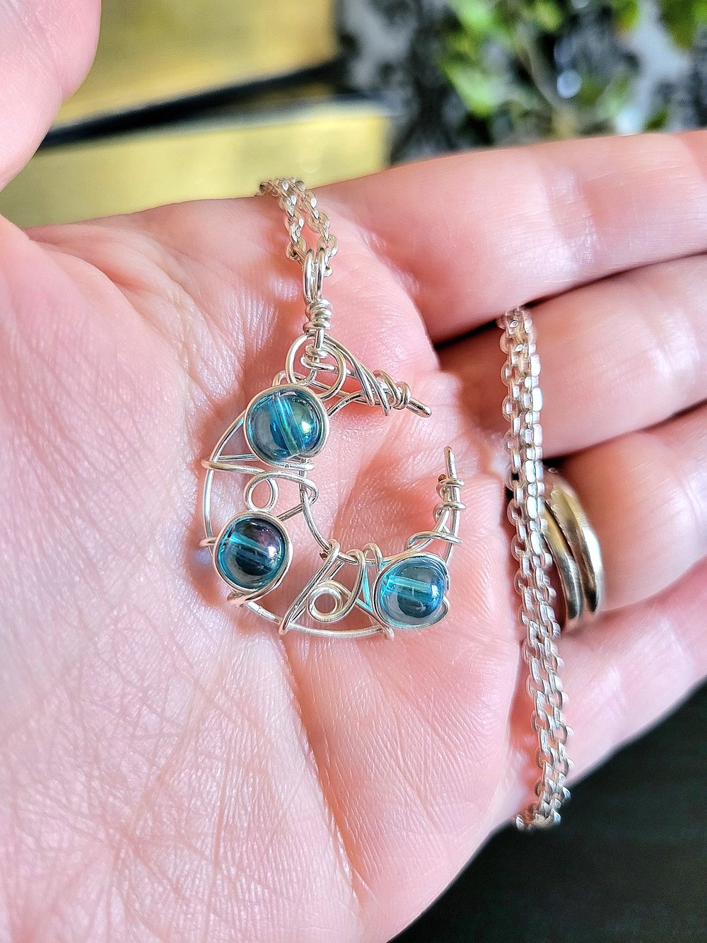 Image of Blue Beaded Crescent Moon Pendant with Chain