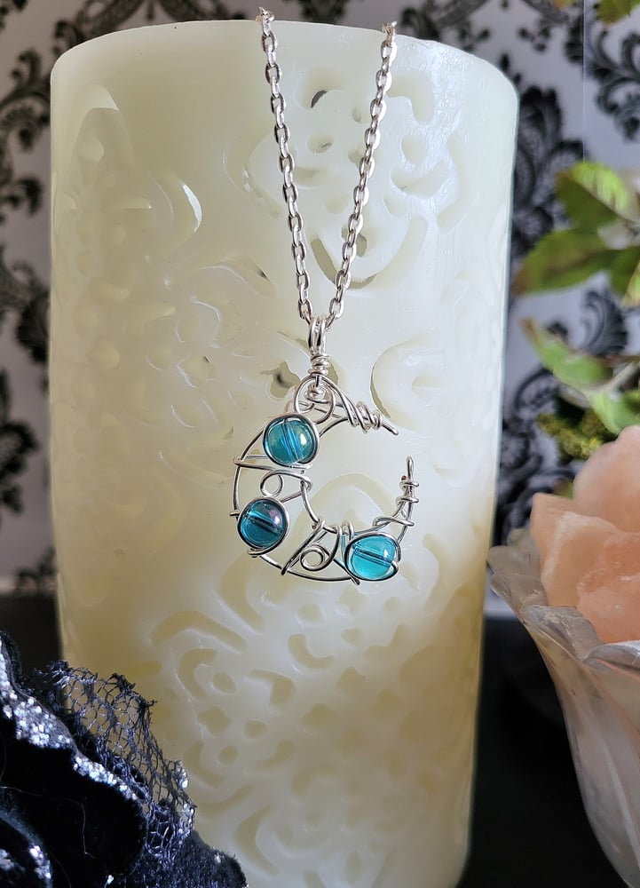 Image of Blue Beaded Crescent Moon Pendant with Chain