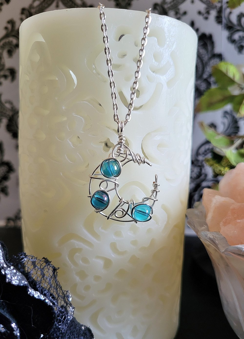 Image of Blue Beaded Crescent Moon Pendant with Chain