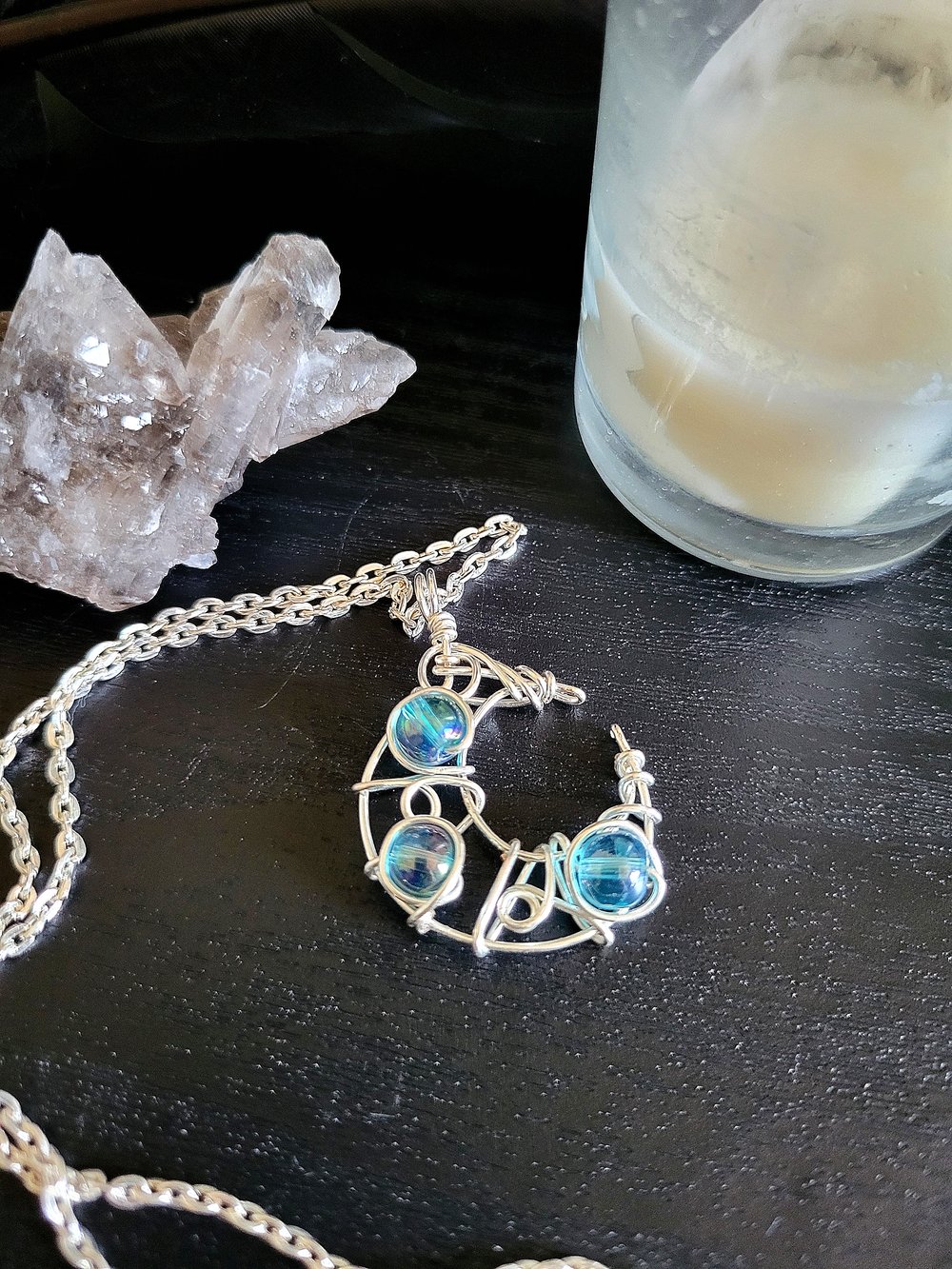 Image of Blue Beaded Crescent Moon Pendant with Chain