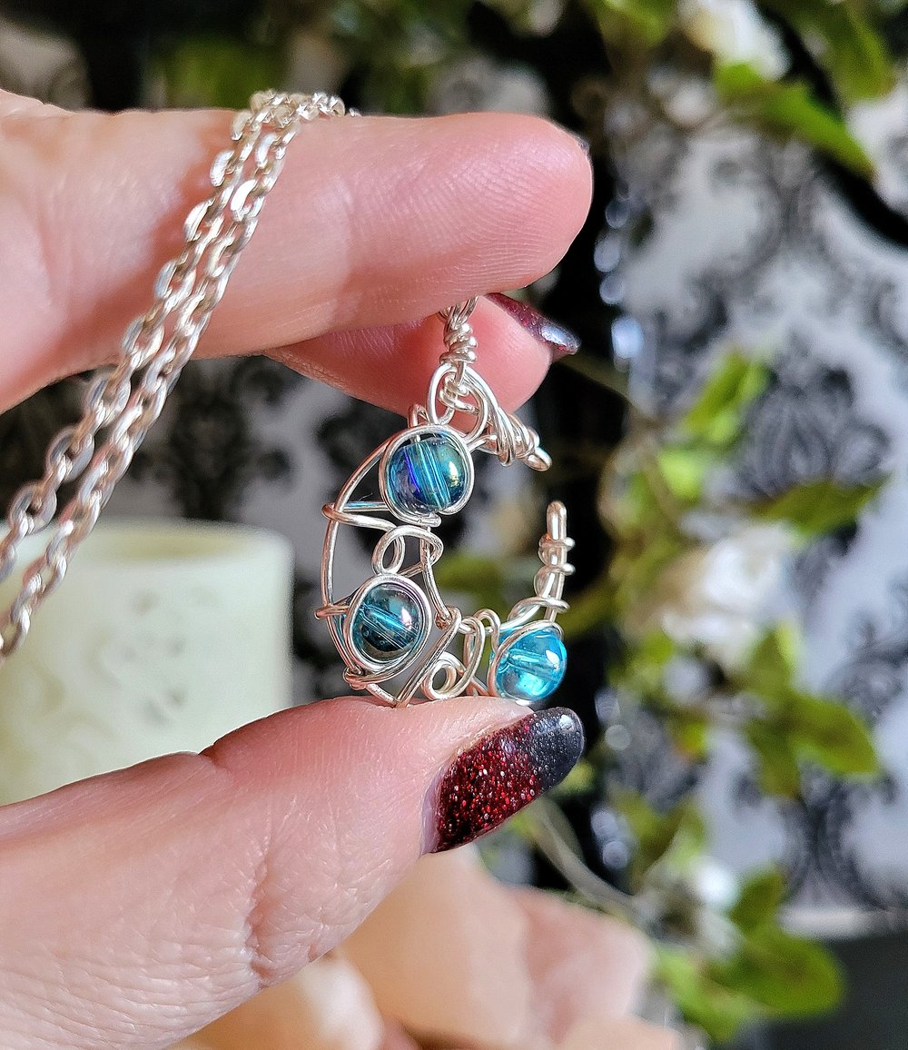 Image of Blue Beaded Crescent Moon Pendant with Chain