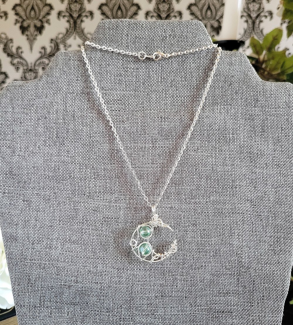Image of Wire Wrapped Beaded Moon Pendant with Chain