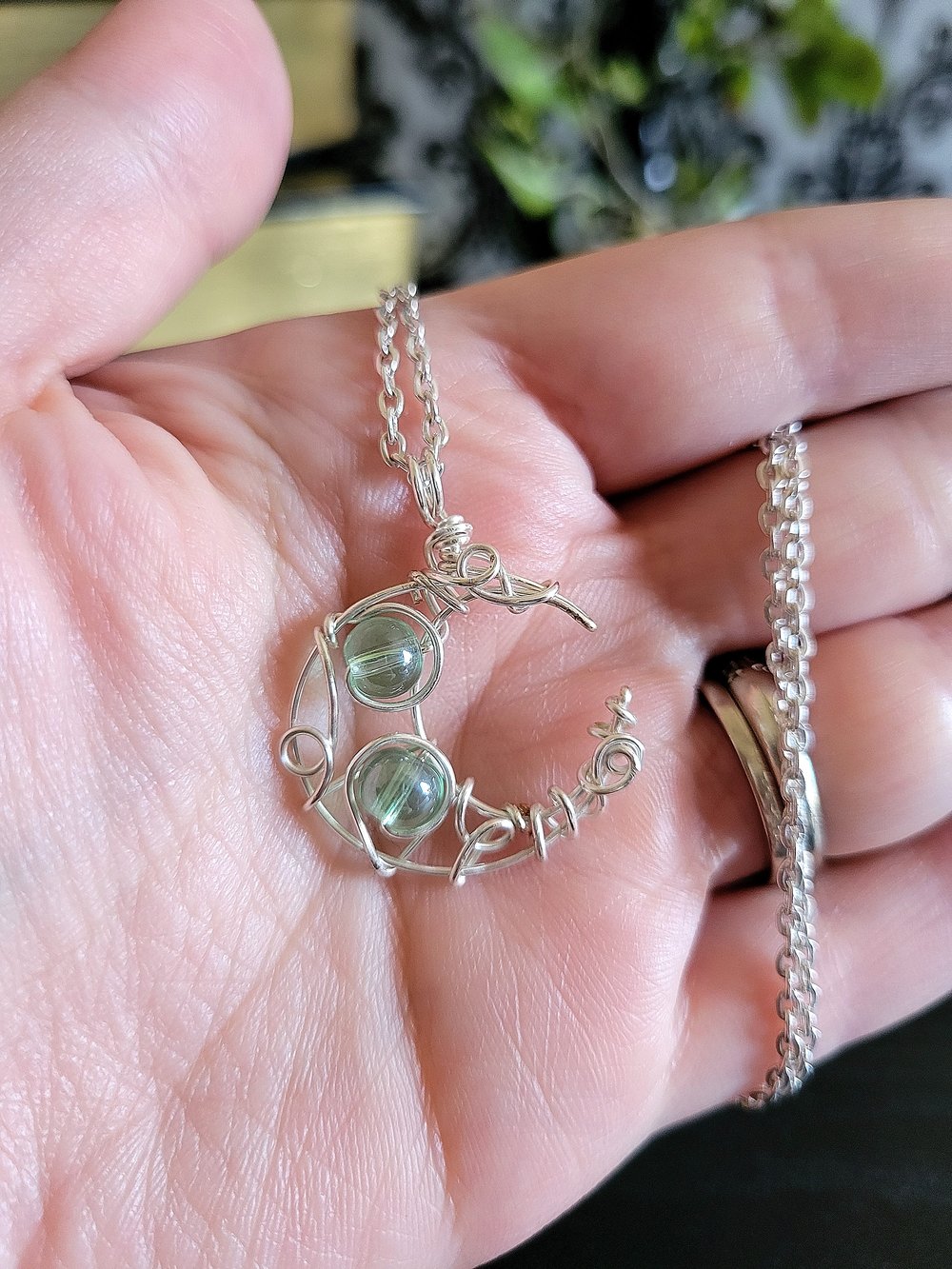 Image of Wire Wrapped Beaded Moon Pendant with Chain