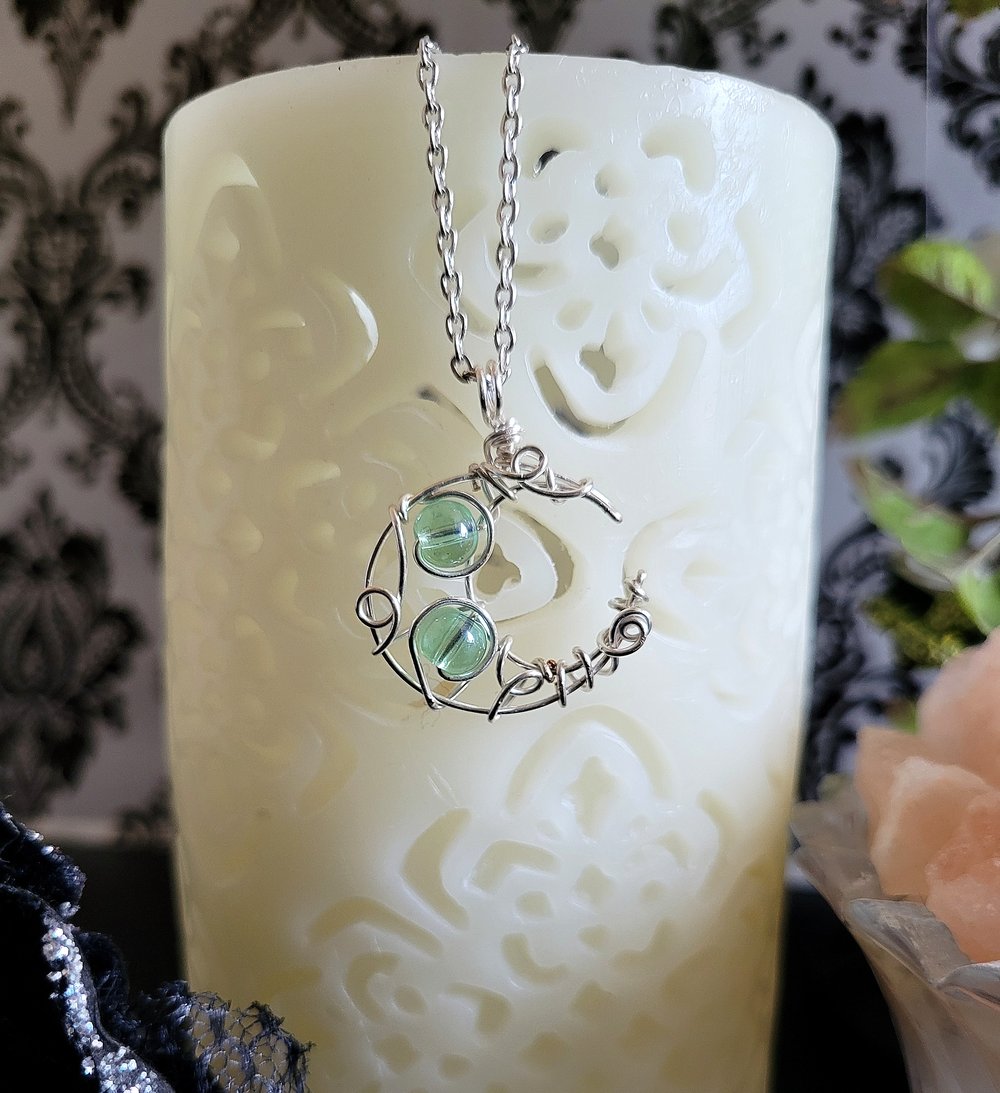 Image of Wire Wrapped Beaded Moon Pendant with Chain