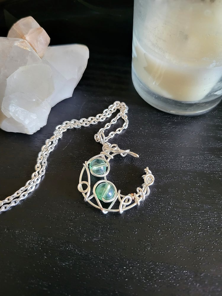 Image of Wire Wrapped Beaded Moon Pendant with Chain