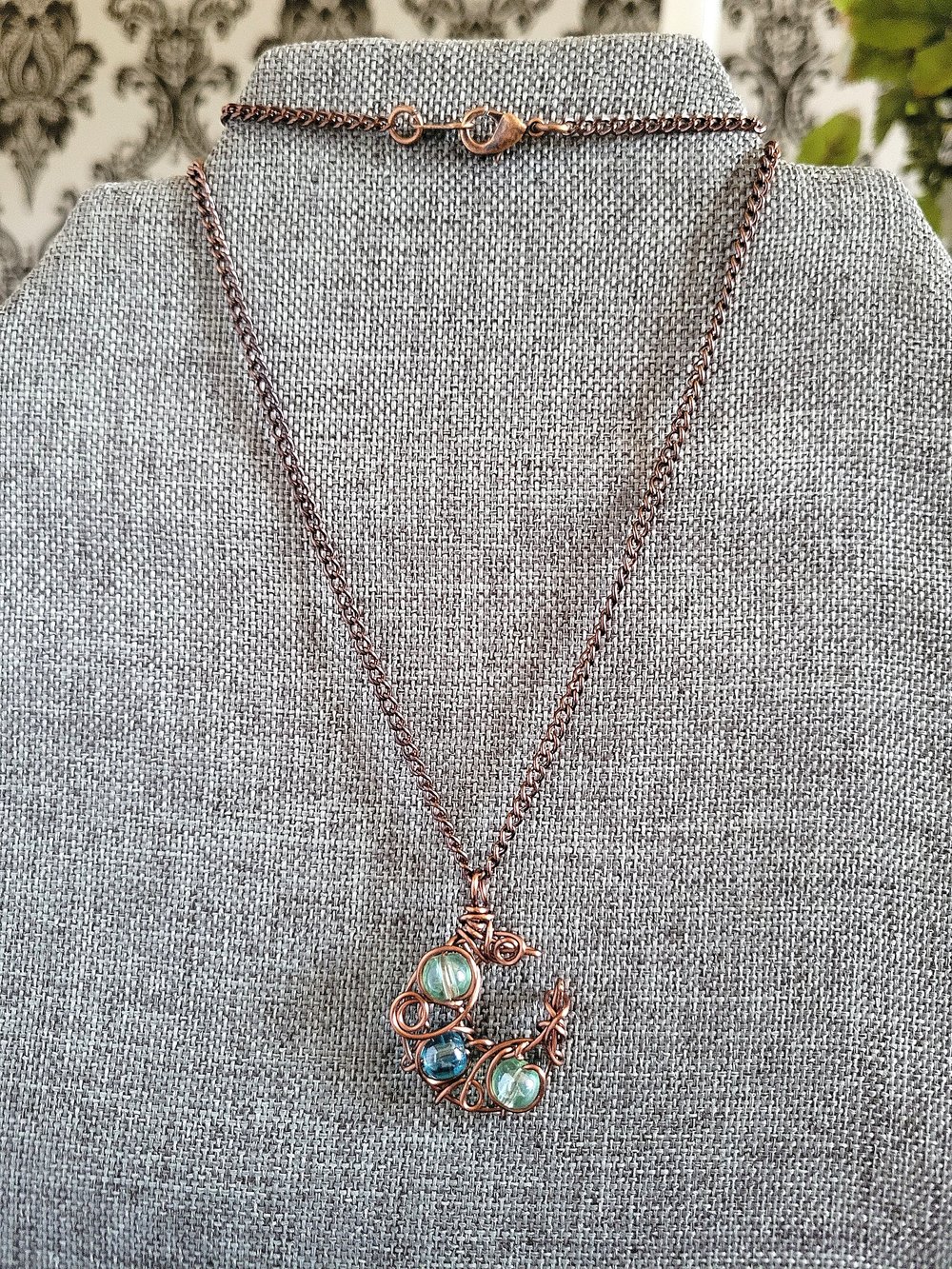 Image of Antique Copper Wire Beaded Crescent Moon Necklace