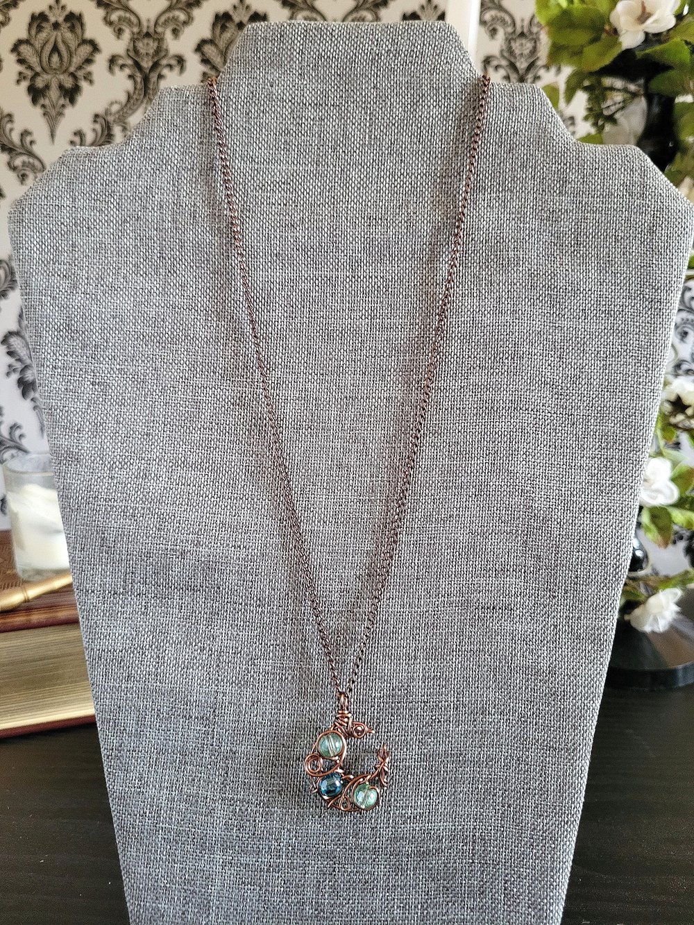 Image of Antique Copper Wire Beaded Crescent Moon Necklace