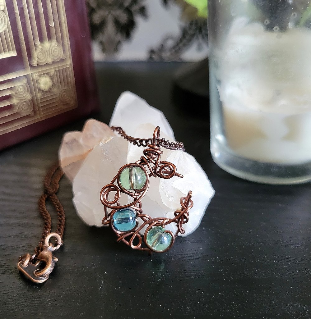 Image of Antique Copper Wire Beaded Crescent Moon Necklace