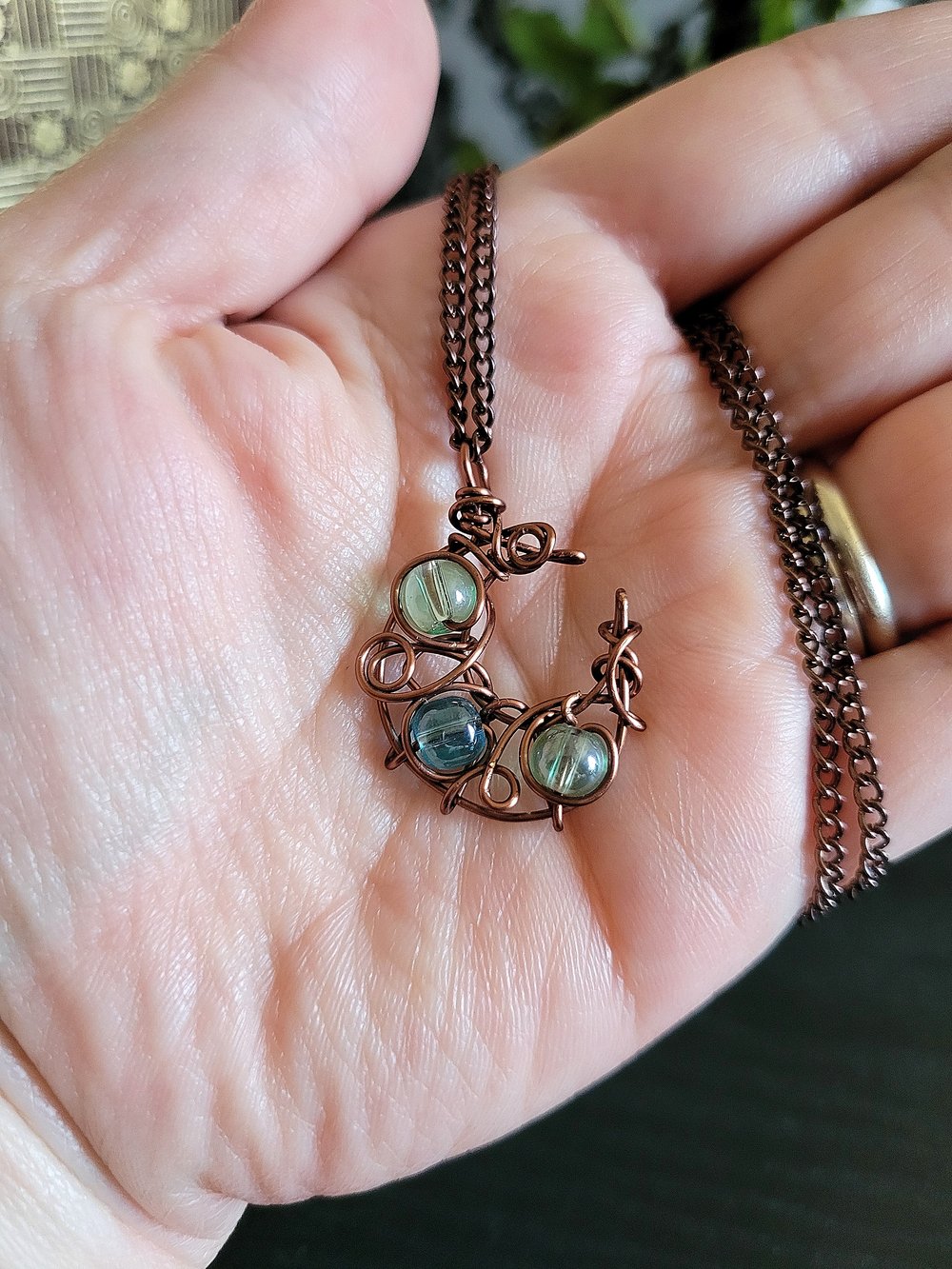 Image of Antique Copper Wire Beaded Crescent Moon Necklace