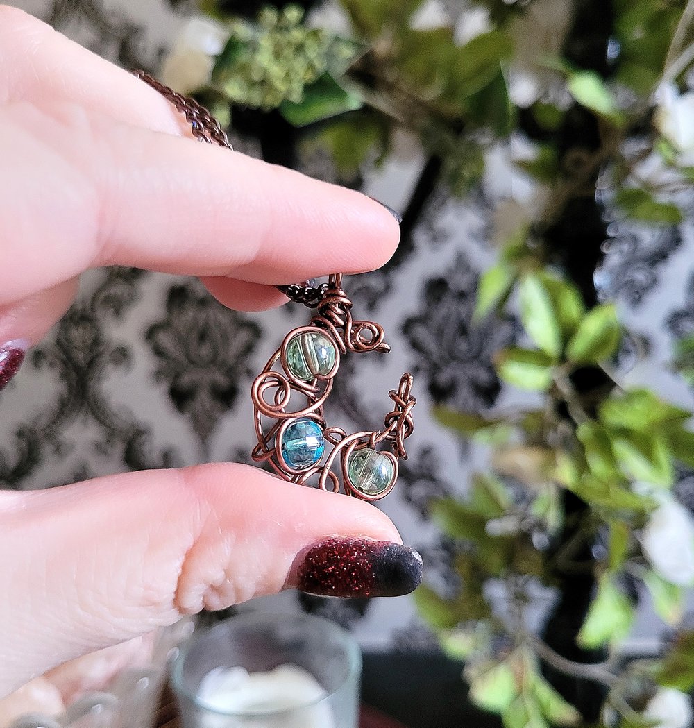 Image of Antique Copper Wire Beaded Crescent Moon Necklace