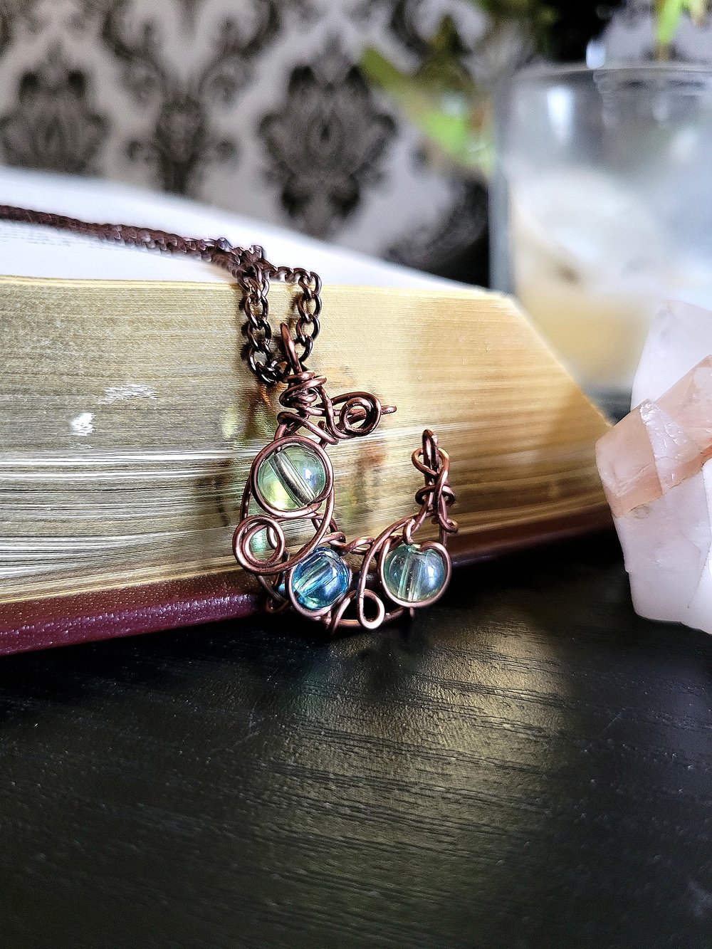 Image of Antique Copper Wire Beaded Crescent Moon Necklace