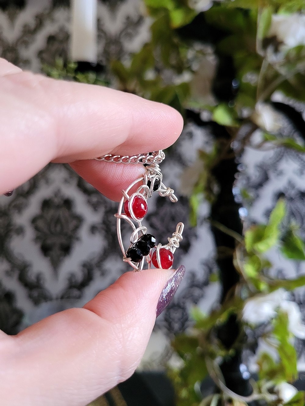 Image of Small Red and Black Beaded Pendant Necklace
