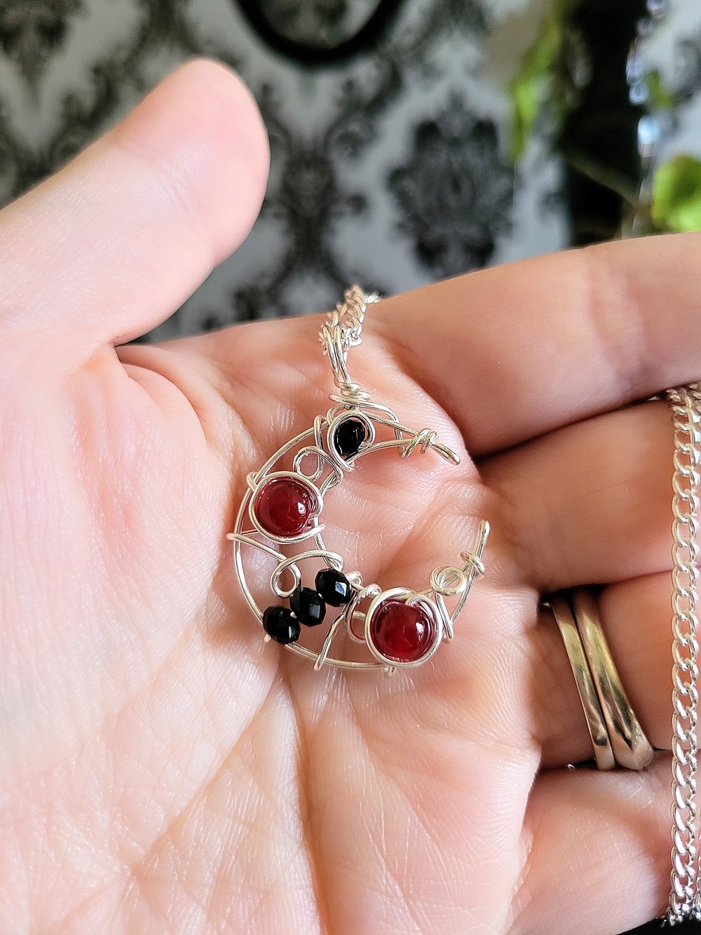 Image of Small Red and Black Beaded Pendant Necklace