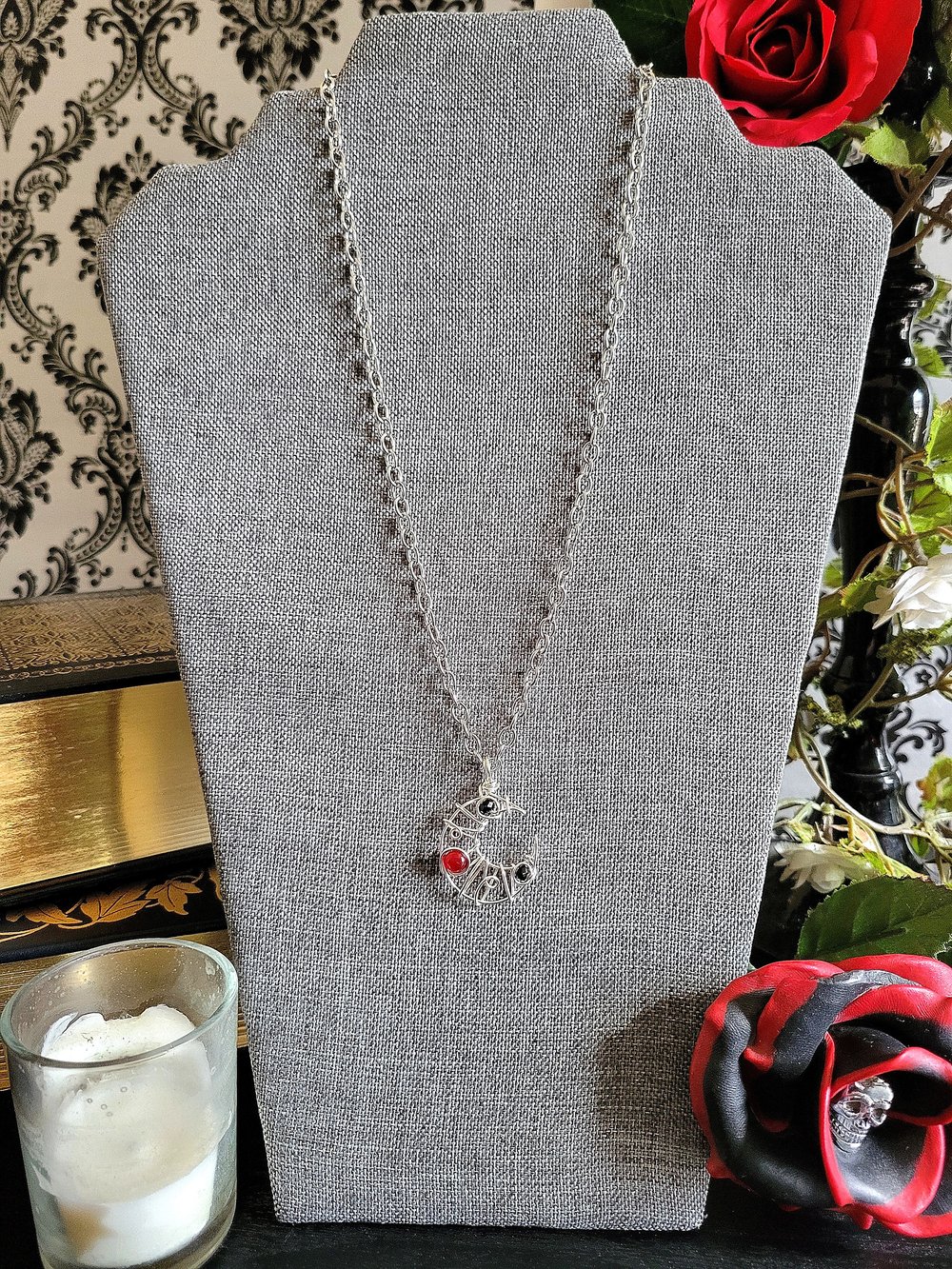 Image of Small Black and Red Beaded Crescent Moon Pendant Necklace