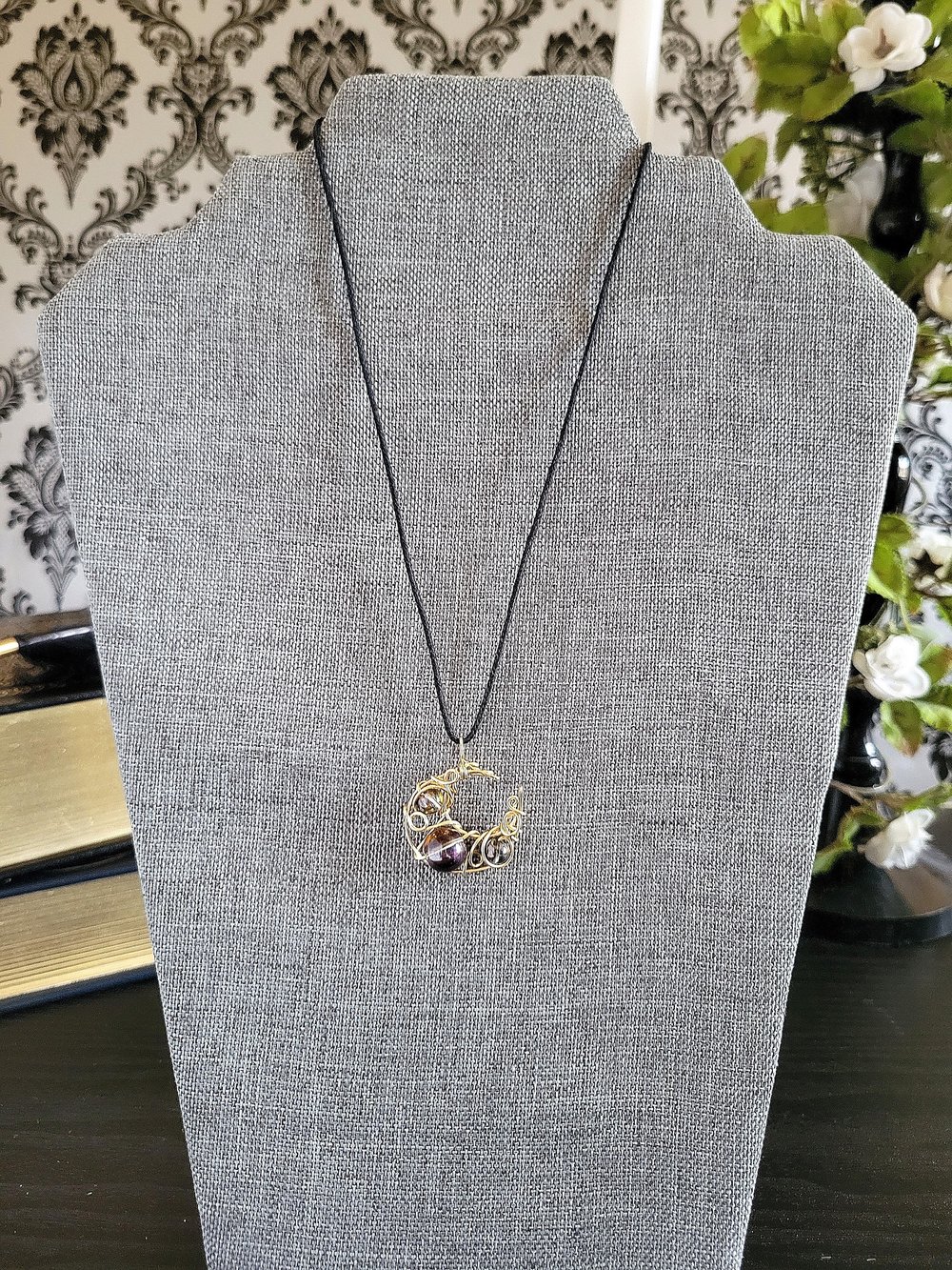 Image of Black Beaded Crescent Moon Pendant in Gold Wire